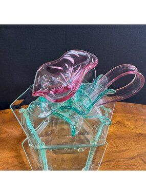 Art Glass Flower Lidded Hexagonal Jewelry Box Pink & Green Elegant Design